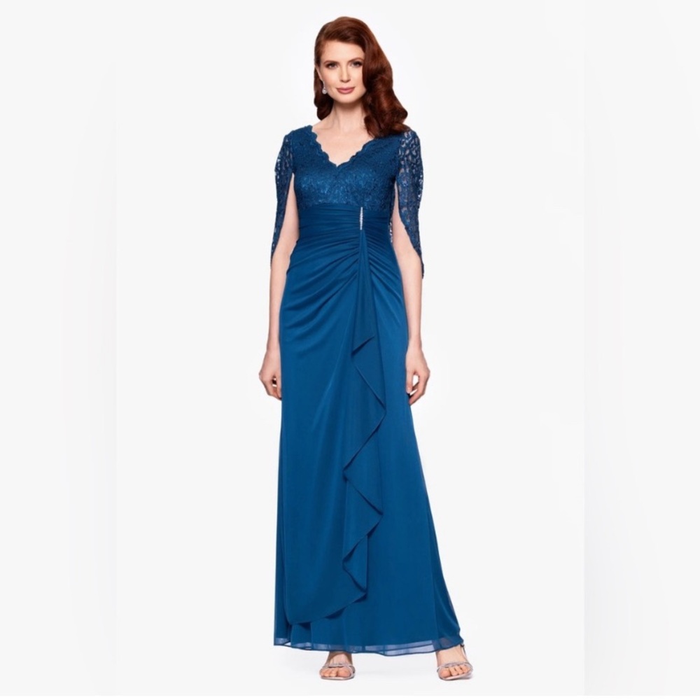 Betsy & Adam Midnight Sapphire Lace Gown SZ 8 MOB Elegant Gala Modest Chiffon